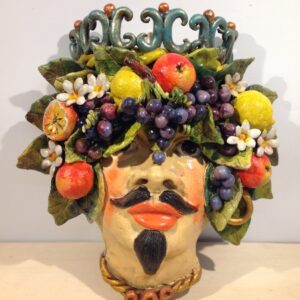 Maschera Testa di Moro decorata con Frutta in ceramica di Santo Stefano di Camastra H 30 cm Hand Made in Sicily