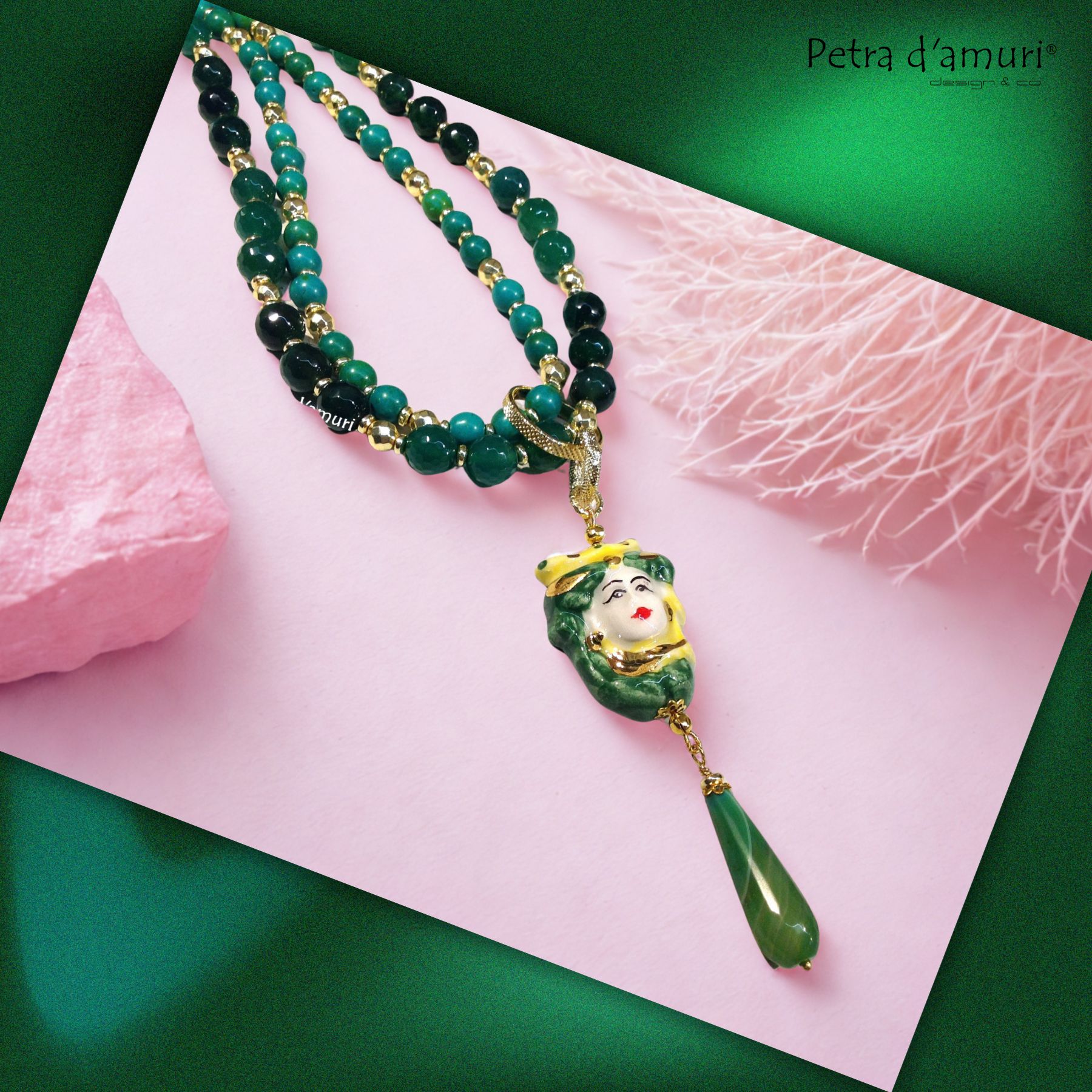 Collana testa di moro turchese e agata verde
